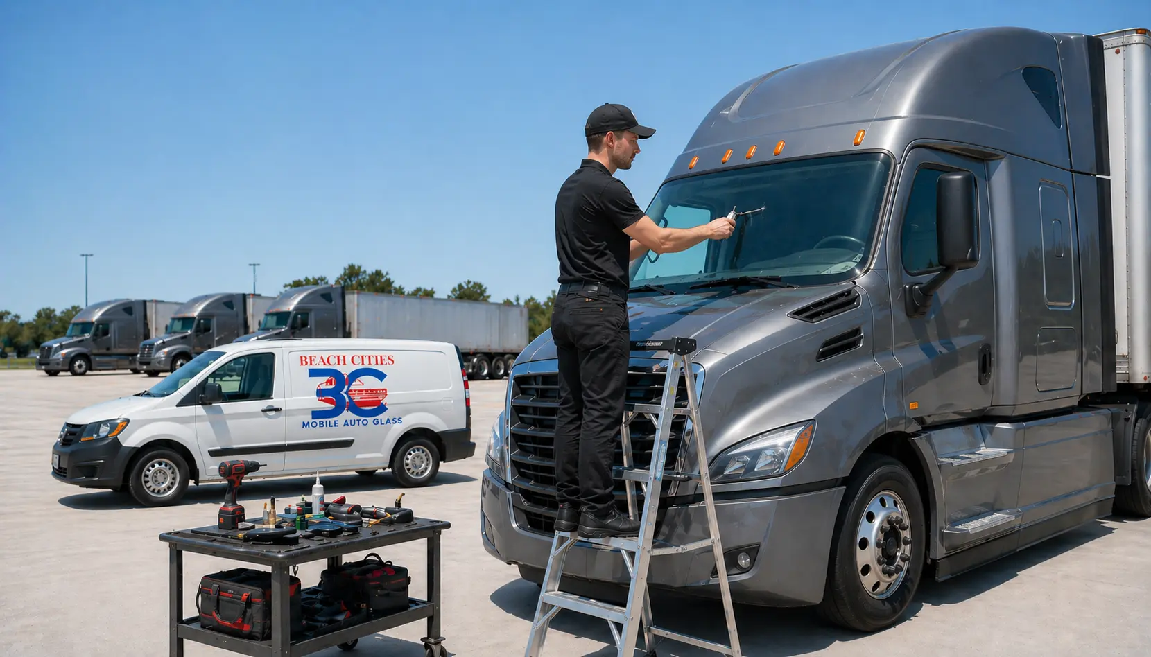Semi truck windshield repair and replacement service by Beach Cities Mobile Auto Glass technician